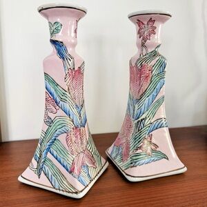 Floral Pink Ceramic Candle Holders Set of 2